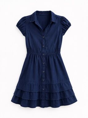 Mauve Navy Button-Front Short Puff Sleeve Tiered Mini Dress